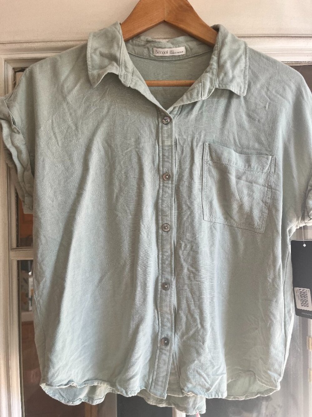BeCool women short Sleeve Shirt Collared Button down sage-green Large